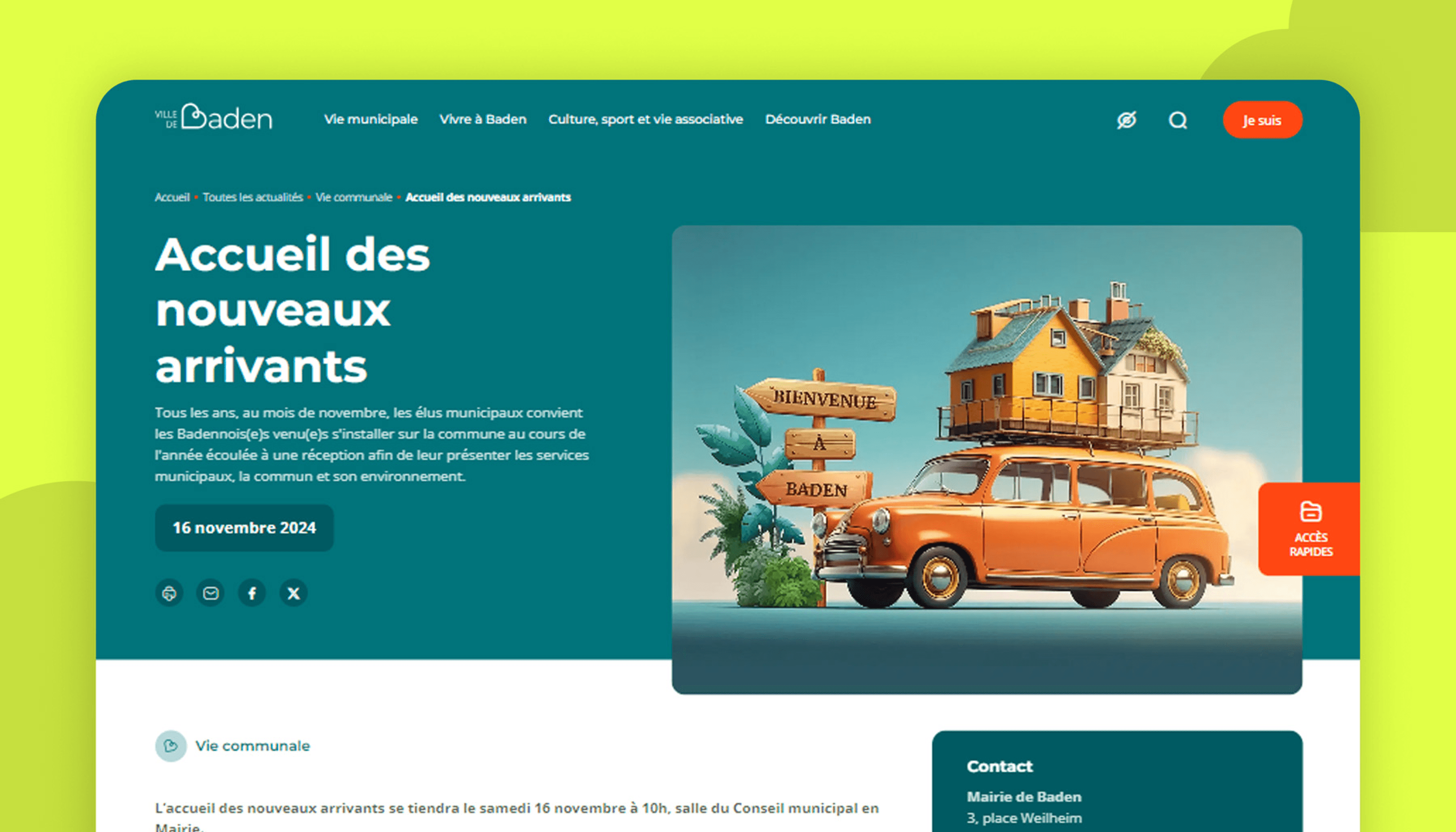 Présentation de la page d'un événement sur le site de la mairie Baden