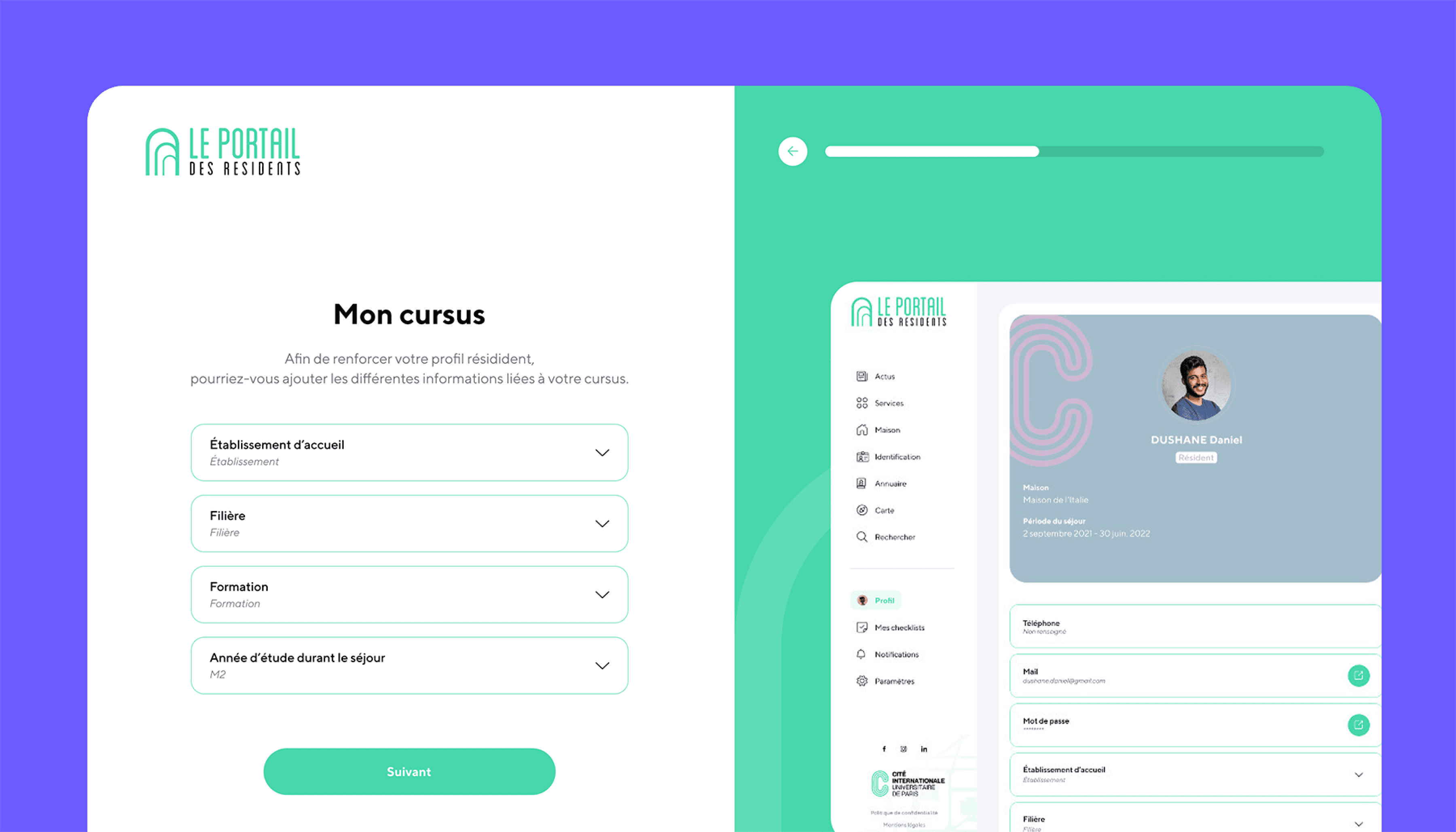 Page de tutoriel et de saisie des informations personnelles lors de l'inscription