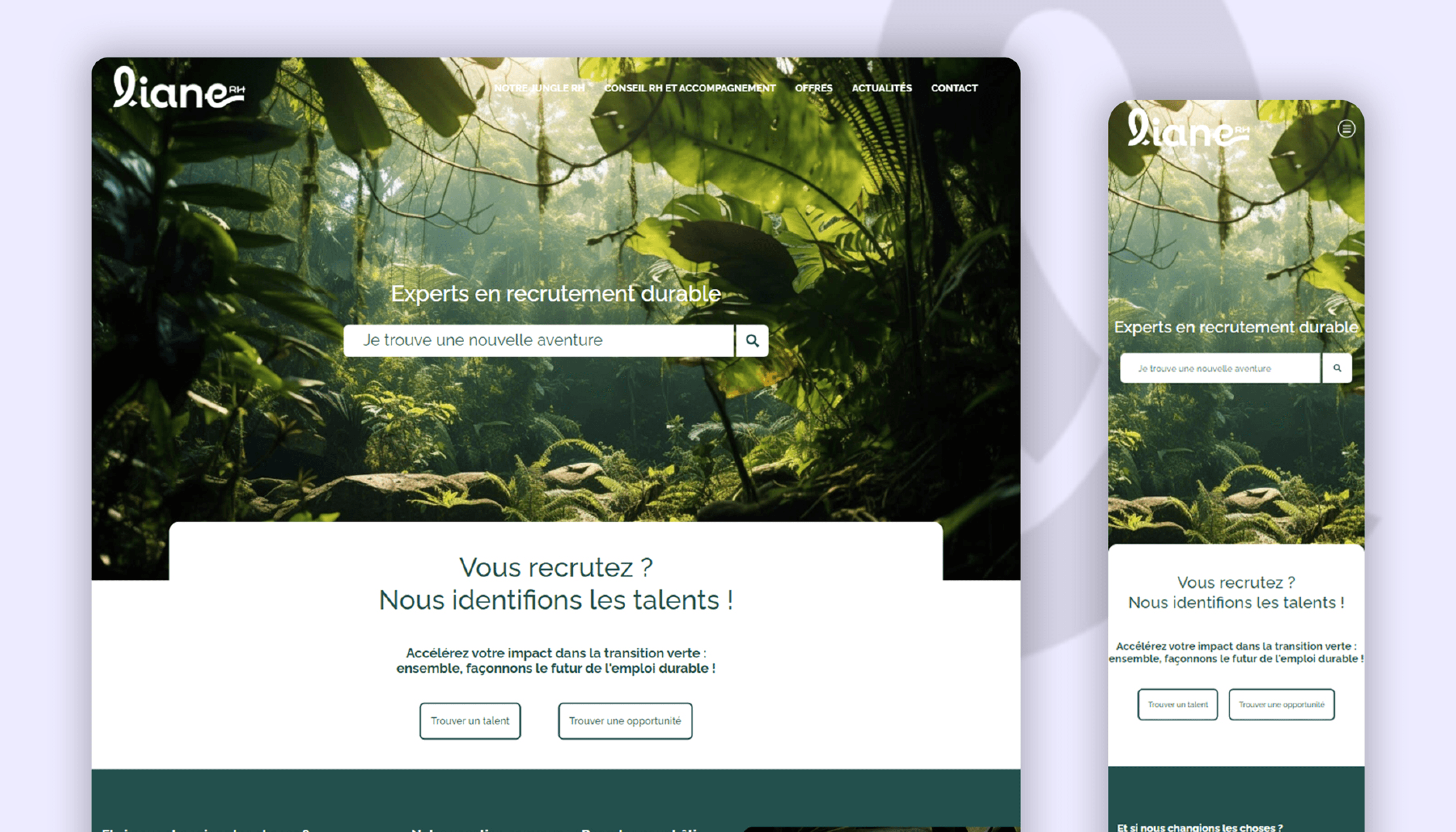 Aperçu de la page d'accueil en desktop et mobile du site de Liane RH